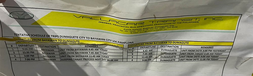 Dumaguete to Bayawan via Pamplona Bus Schedule