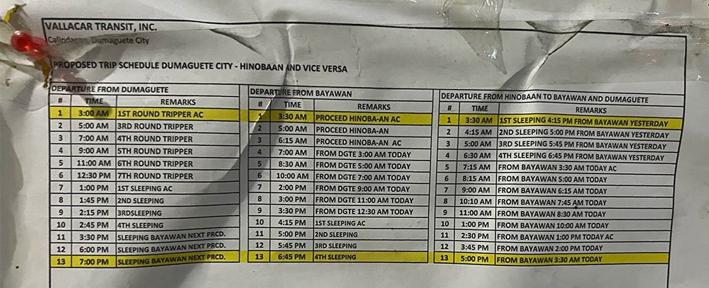 Dumaguete to Hinobaan Bus Schedule