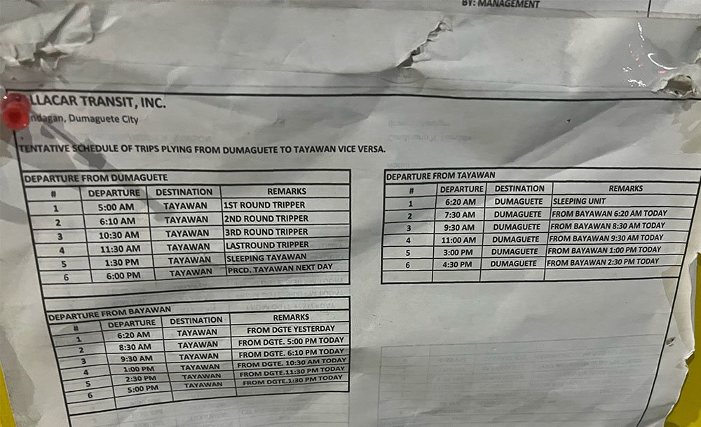 Dumaguete to Tayawan Bus Schedule