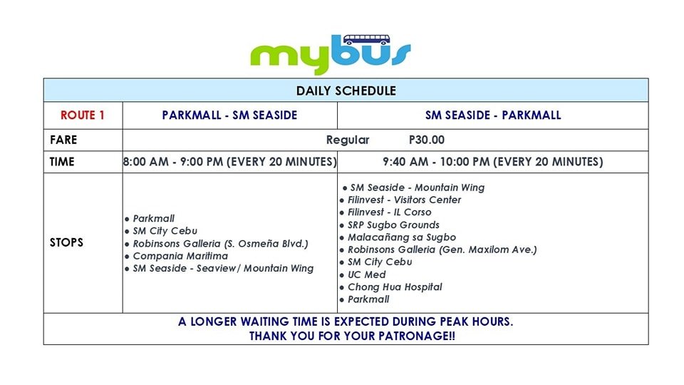 SM City Cebu to SM Seaside Bus Schedule