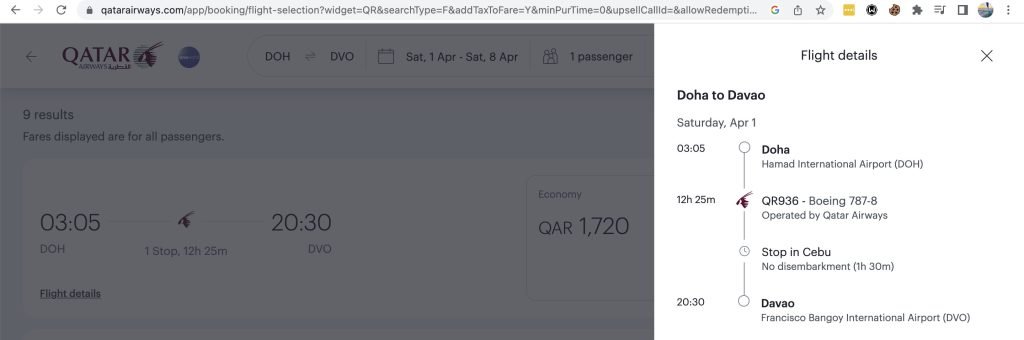 Doha to Davao flight via Cebu